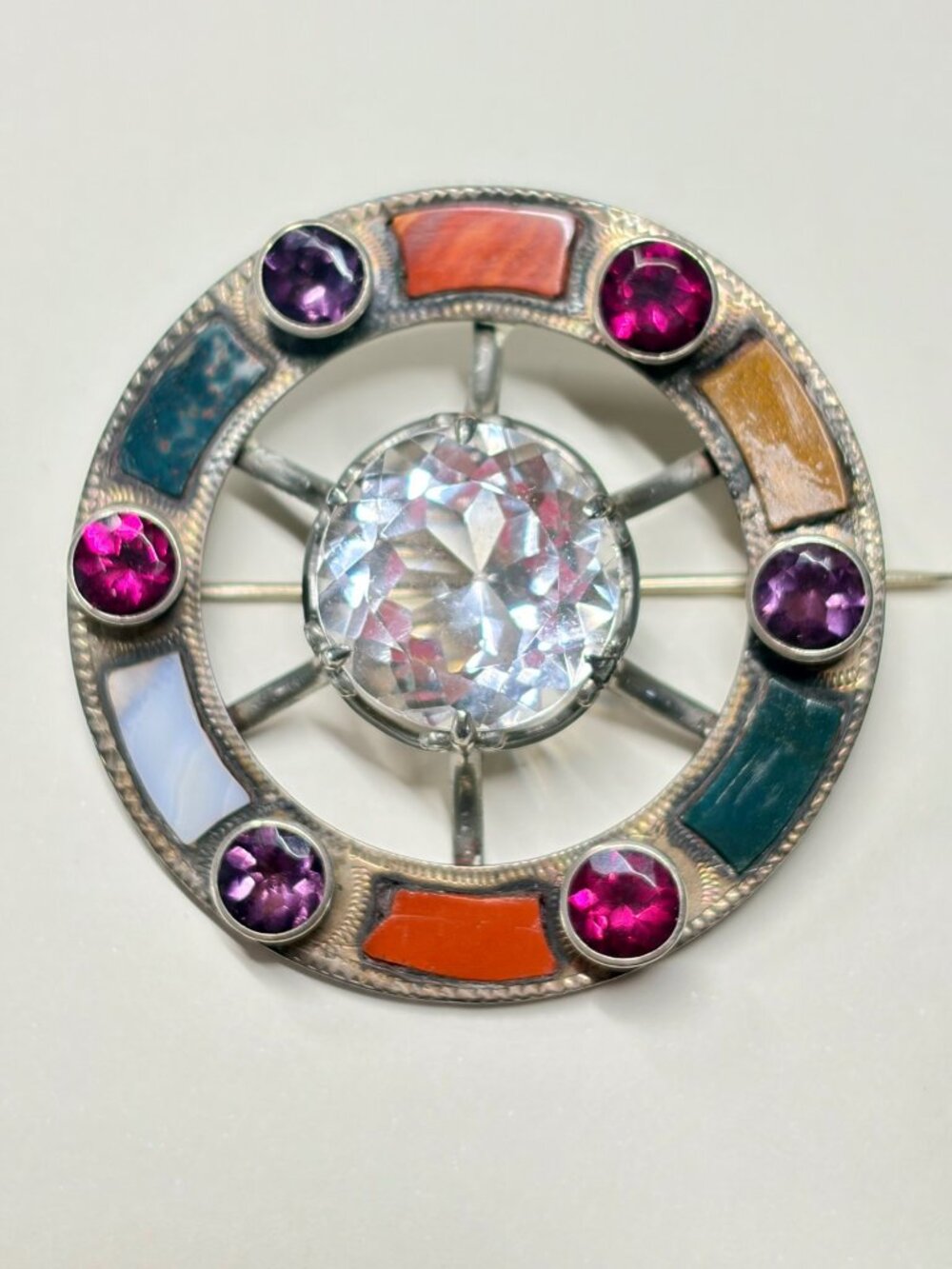 Vintage Sterling Silver Scottish Style Rock Crystal Hardstone Brooch 2.5"
